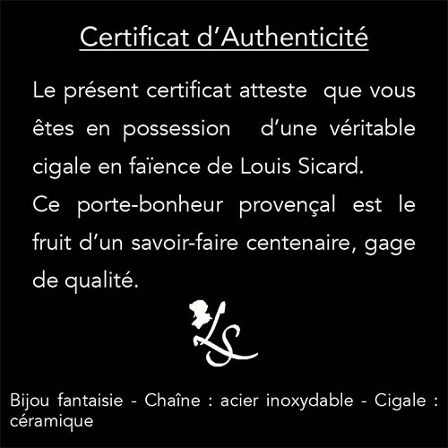 Texte Certificat d'Authenticité - Bijou Cigale Évocation - Faïences Louis Sicard
