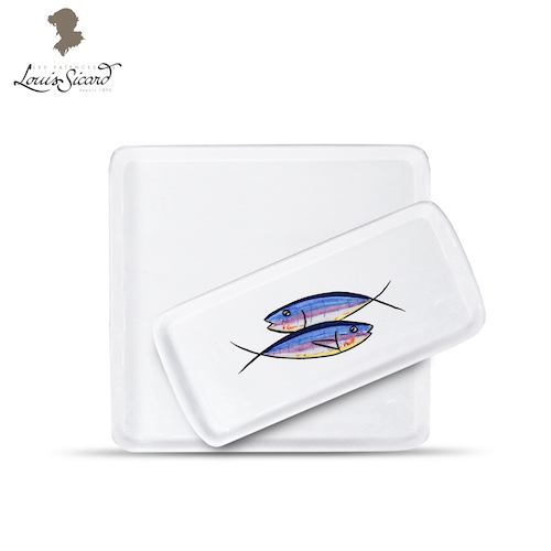 Visuel Plateau Collection Les Sardines - Un Plateau Carré Uni Blanc et Un Mini Plateau Rectangulaire décoré Les Sardines de Louis Sicard