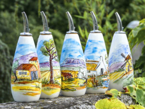 5 Bouteilles d'huile PM du service "Décor Paysage" - Service Fait main - Pièces unique - service d'Art de la table en exclusivité à la boutique d'atelier à Aubagne