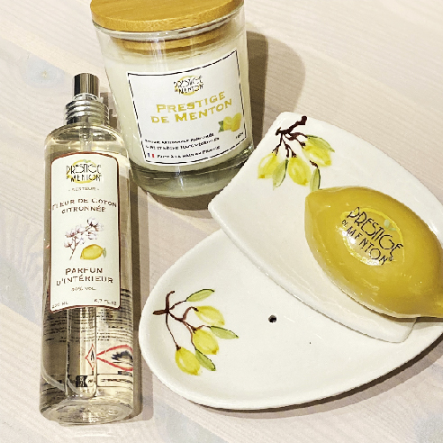 Parfum d'intérieur, Bougie et savon forme Citron de Prestige de Menton - Porte-Savon Décor Les Citrons de Louis Sicard
