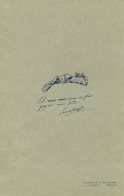 Ancienne Carte de Visite Recto - Dessin d'une branche avec des insectes - Phrase en provençale écrite par Louis Sicard "À mes amis qui me font gagner ma vie"